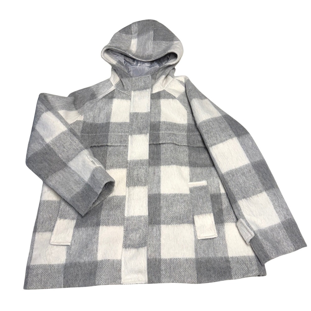 Nine West‎ Womens XXL Grey White Buffalo Plaid Hooded Zip Front Coat